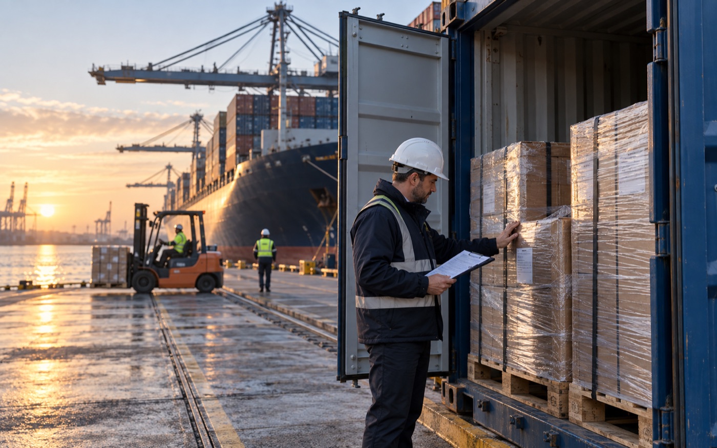 Inspector reviewing goods during container loading