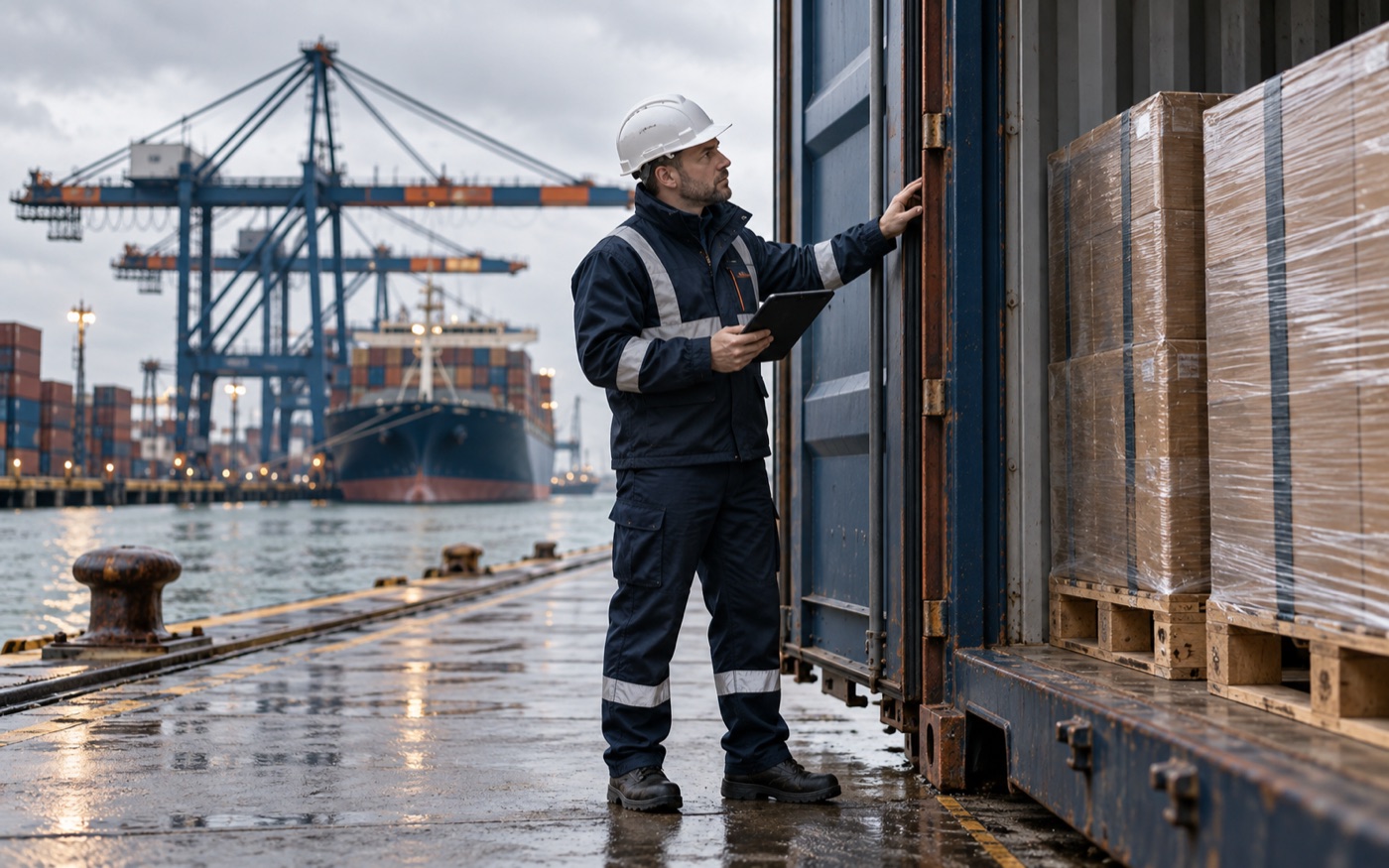 Inspector checking cargo beside a shipping container at a port