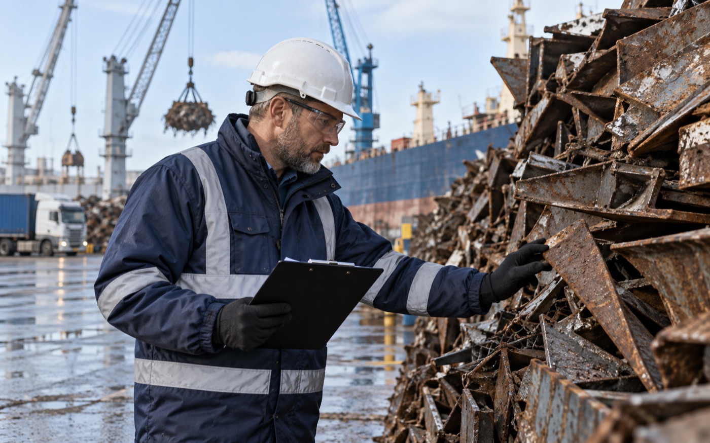 Inspector examining metal scrap at an industrial yard