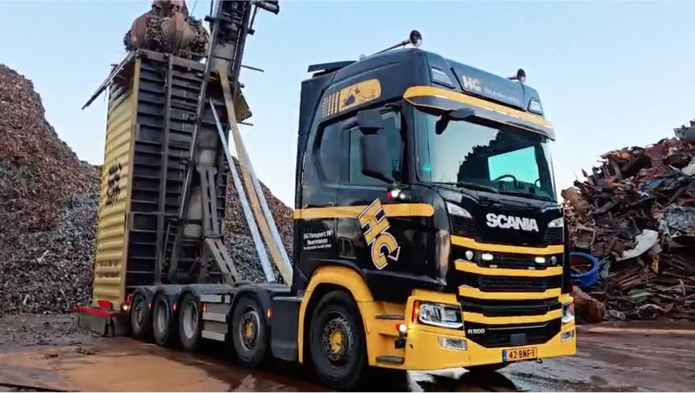 Scania truck receiving metal scrap loading at Kamienica Poland